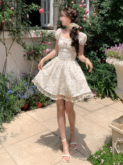 Beige Square Neckline and Short Puff Sleeves Mori Kei Floral Dress