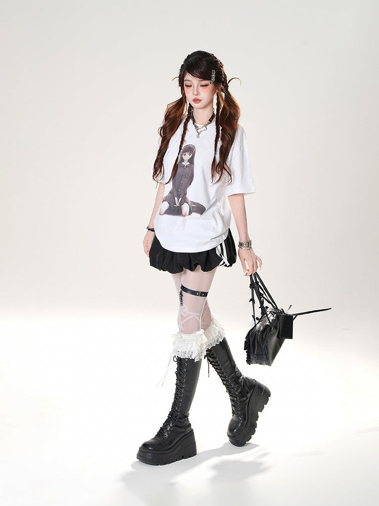 White/Black Elastic Waist Mini Bubble Skirt