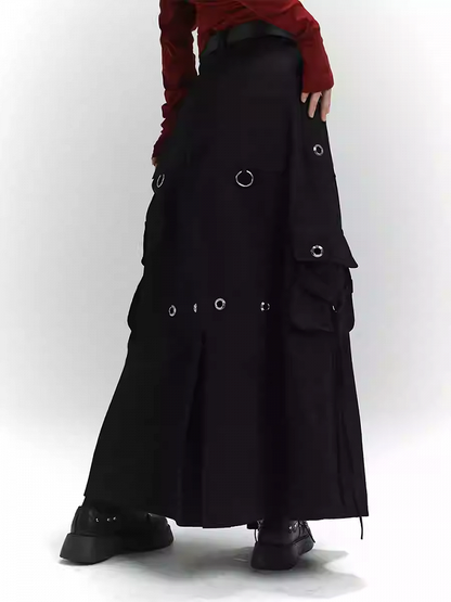 Black Zipper and Ring Detail Cargo Pockets Loose Skirt