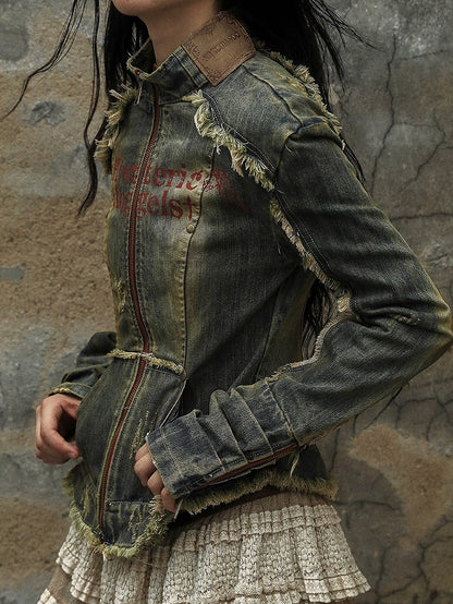 Blue Cross Patch Rock Punk Distressed Denim Jacket with Zip Cuffs