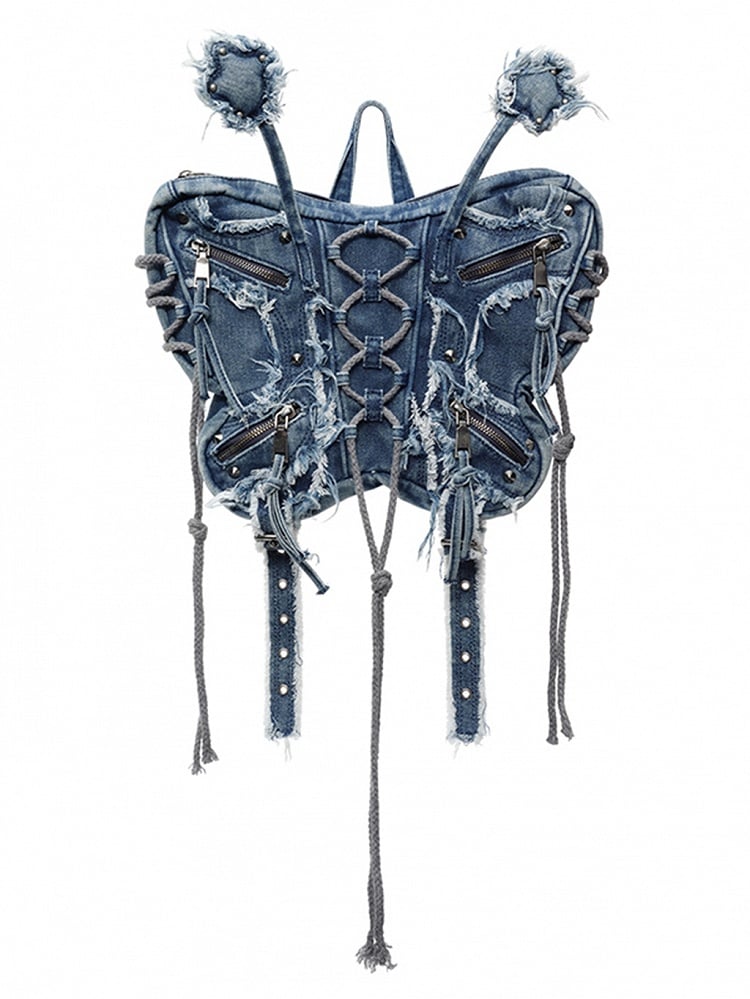 Blue Butterfly Frayed Hem Denim Bag