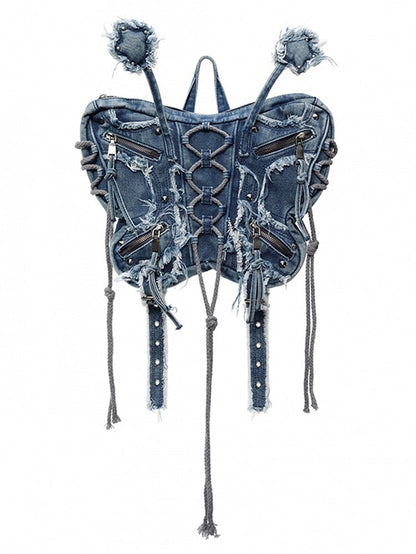 Blue Butterfly Frayed Hem Denim Bag