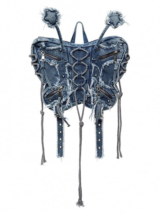 Blue Butterfly Frayed Hem Denim Bag