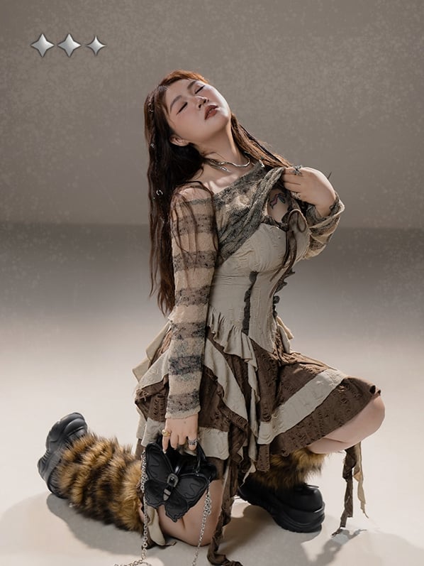 Plus Size Basque Waist Cascading Ruffles Distressed Holes Wasteland Punk Brown Cami Dress