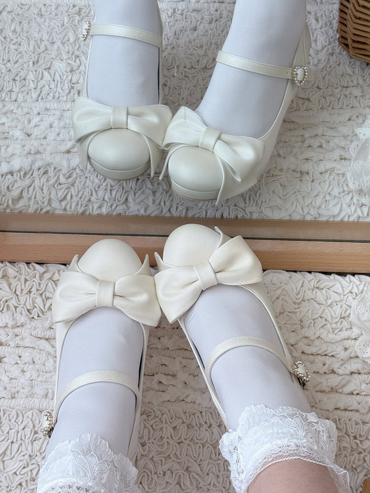 Elegant Creamy White Lolita Stilettos - Crystal Embellished Heart Buckle & Top Bow