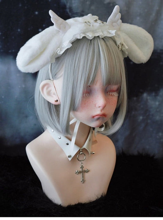 White Pins and Heart-shaped Ring Angel Wing Bunny Ears Ruffled Hairband