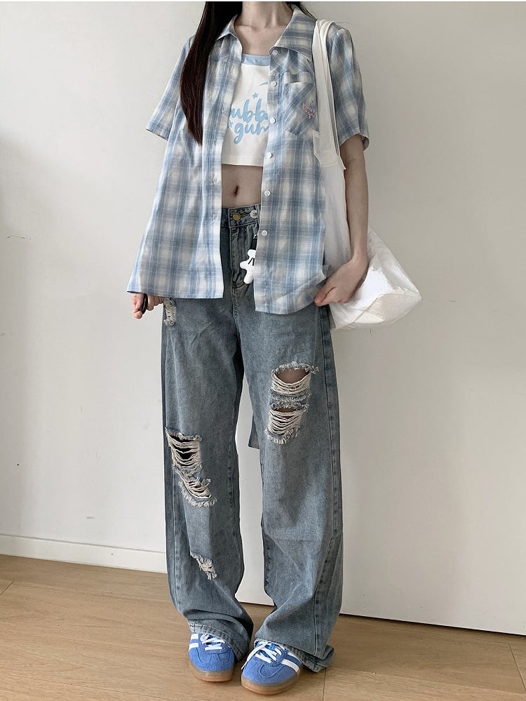 Blue Low Rise Distressed Holes Straight-leg Jeans with Free Charm