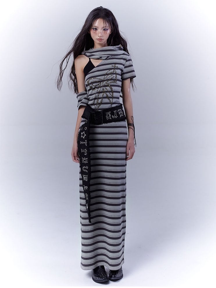 Gray and Green Cutout Shoulder Wasteland Punk Hooded Striped Dress with Buckle Belt
