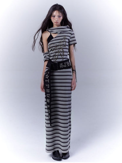 Gray and Green Cutout Shoulder Wasteland Punk Hooded Striped Dress with Buckle Belt