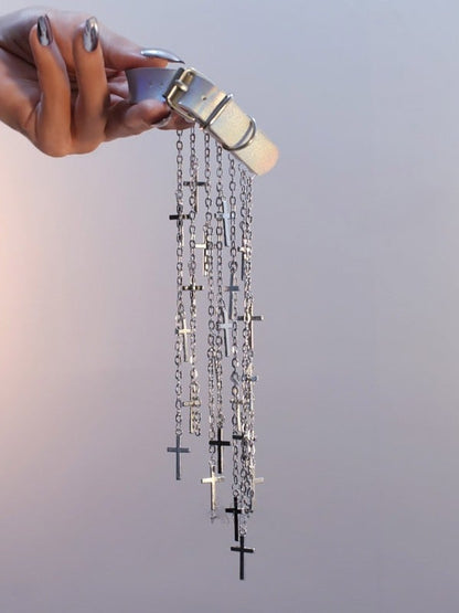 Black/Silver/Brown Cyberpunk Cross Charm Tassel Design Arm Cuff