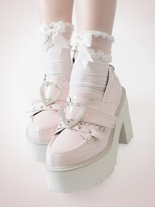 Cross and Rhinestoned Heart Buckles Pink Jirai Kei Platform Loafers