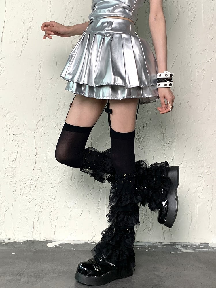 Black Y2K Cross Design Suspender Tights