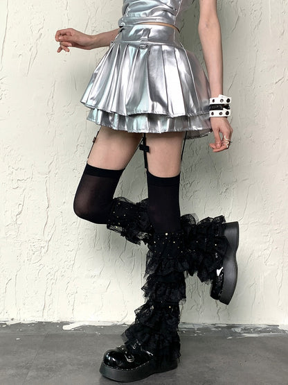 Black Y2K Star and Moon Tiered Ruffle Trims Leg Sleeves