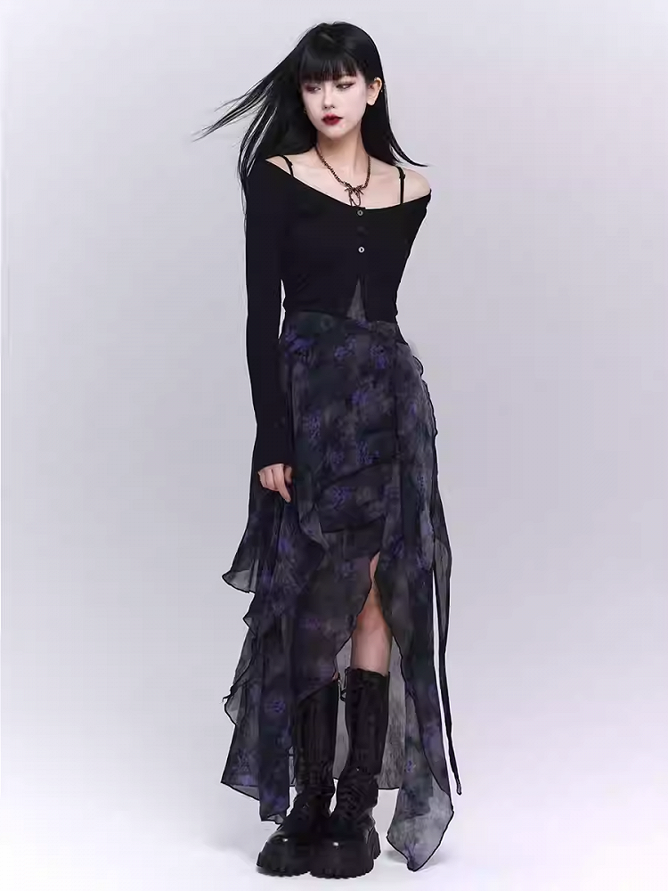Black & Purple Floral Print Asymmetrical Hem Glamorous Cami Dress