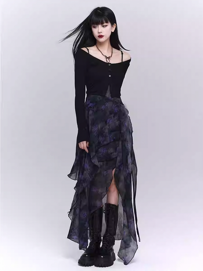 Black & Purple Floral Print Asymmetrical Hem Glamorous Cami Dress