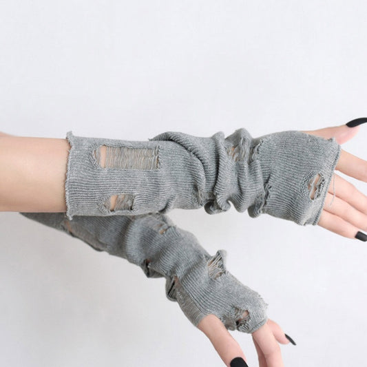 Gray Cyberpunk Cut-out Design Knitted Gloves