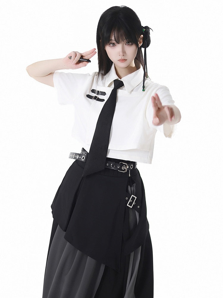 White/Gray Leather Buckles Cheongsam Style Short Sleeves Cropped Shirt with Tie