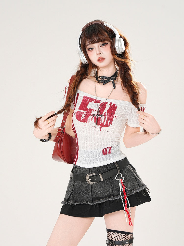 Red/Black Number Print Off-the-shoulder Neckline Slim-fitting T-shirt