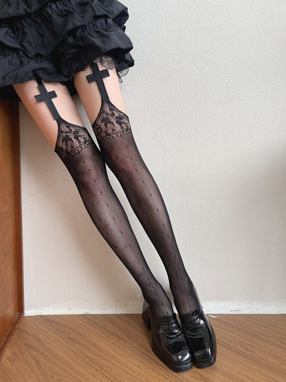 Black Gothic Cross Design Floral Hollow-out Suspender Tights
