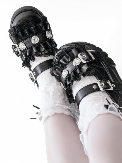 Black Bittersweet Rhinestone Heart Details Cross Charm Ruffles Trim Platforms