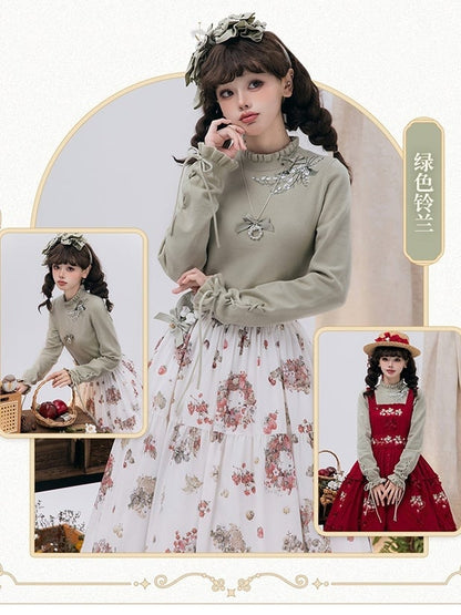 Green Lily of the Valley Embroidery Lace-up Cuffs Autumn Knit Top