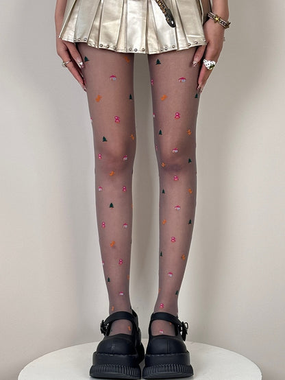 White/Purple/Gray Christmas Print Design Tights