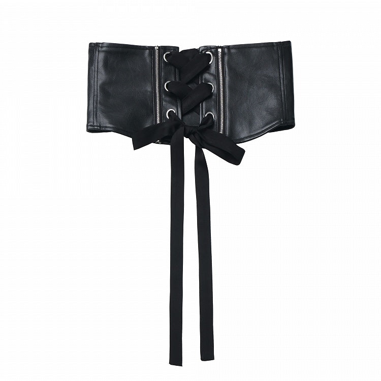 Black PU Corset Belt with Zipper and Crisscross Lace-Up Detail