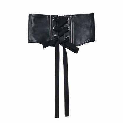 Black PU Corset Belt with Zipper and Crisscross Lace-Up Detail