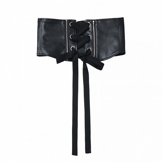 Black PU Corset Belt with Zipper and Crisscross Lace-Up Detail