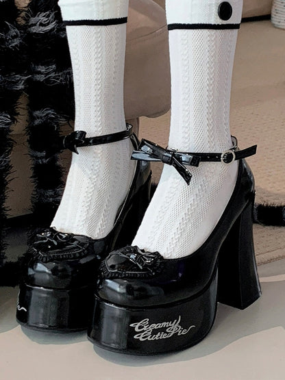 Bow Accents Heart Design Black Platform Block High Heels