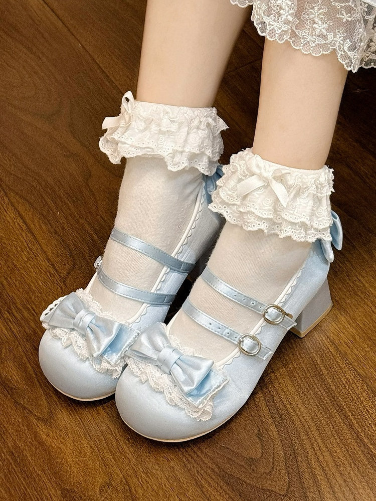 Blue Sweet Lolita Mid-heel Shoes - Round Toe with Ruffle Lace, Bow Decor & Paired Buckles