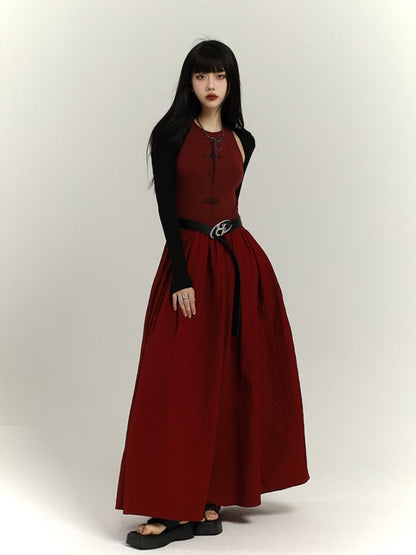 Gothic Wine Red High Waist Cross Print Sleeveless Dress