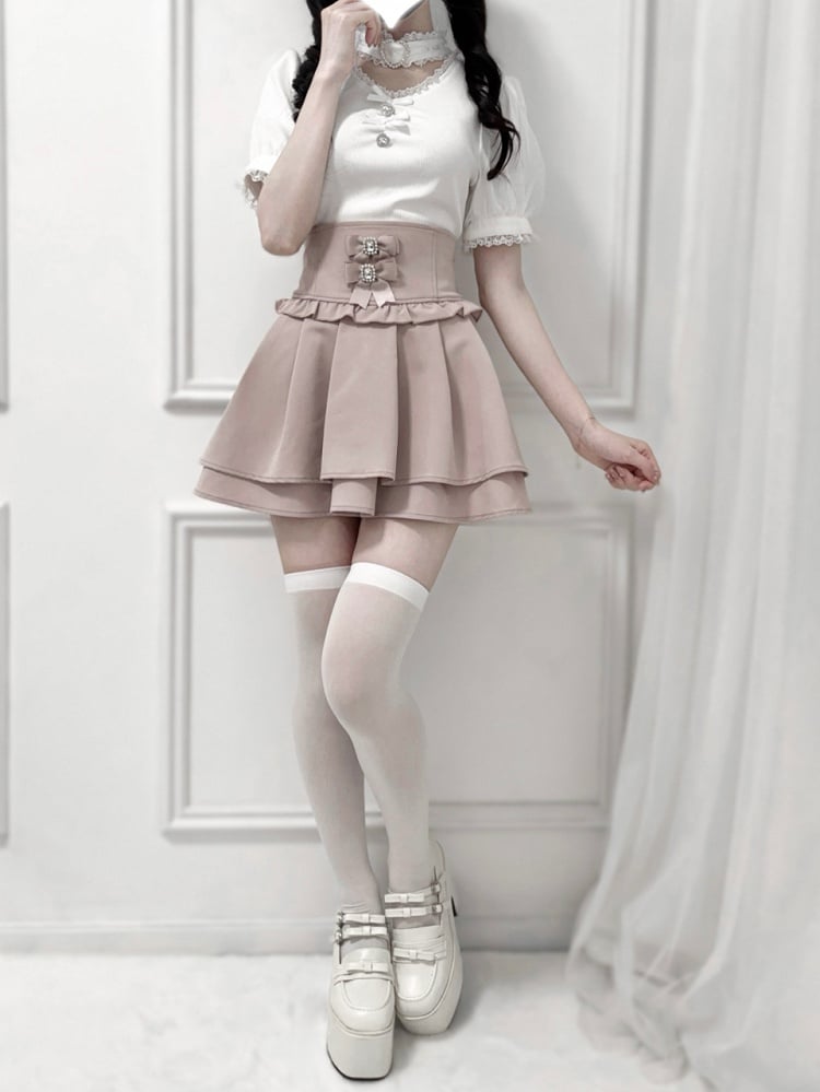 Bowknot and Rhinestone Decoration Choker Design White Jirai Kei Blouse