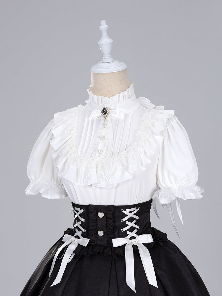 Lace Angel Wings at Back White Short Sleeves Blouse