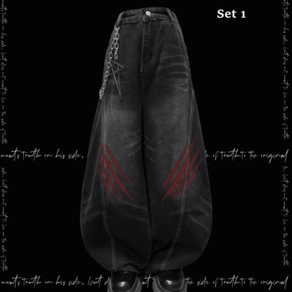 Black Faded Wash Scratch Print Distressed Punk Wide-Leg Jeans