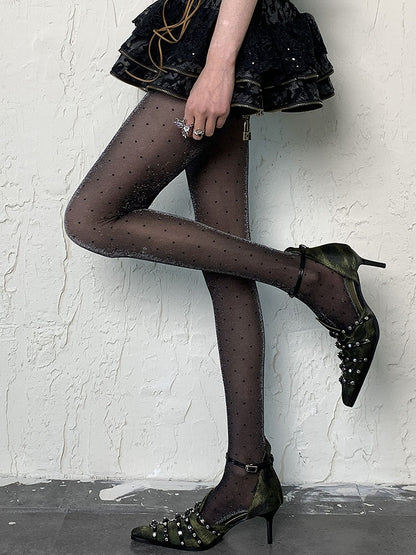 Black Y2K Polka-dot Pattern Shimmering Tights