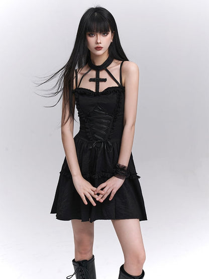 Gothic Black Lace-up Front Basque Waist Cross Halter Dress