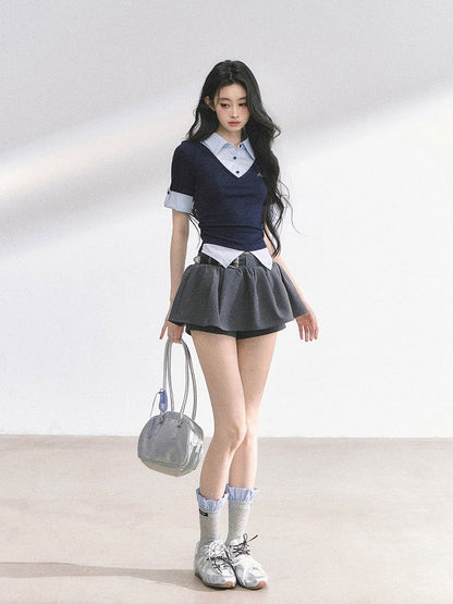 Preppy Style Polo Collar Navy Blue Striped T-shirt Faux Two-pieces