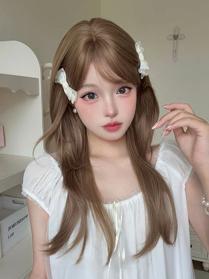 LIght Brown 65CM Length Straight Wig With Air Bangs