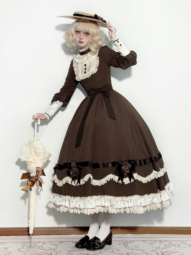 Beige Ruffle Neckline Brown Long Sleeves Striped Dress with Waist Belt