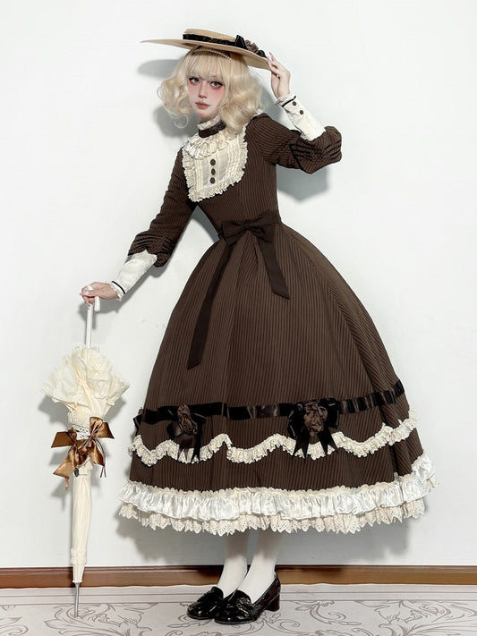 Beige Ruffle Neckline Brown Long Sleeves Striped Dress with Waist Belt