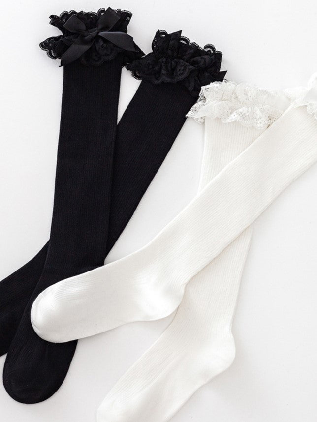 Black/White Lolita Lace Cuff Bowknot Details Calf Socks