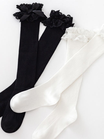 Black/White Lolita Lace Cuff Bowknot Details Calf Socks
