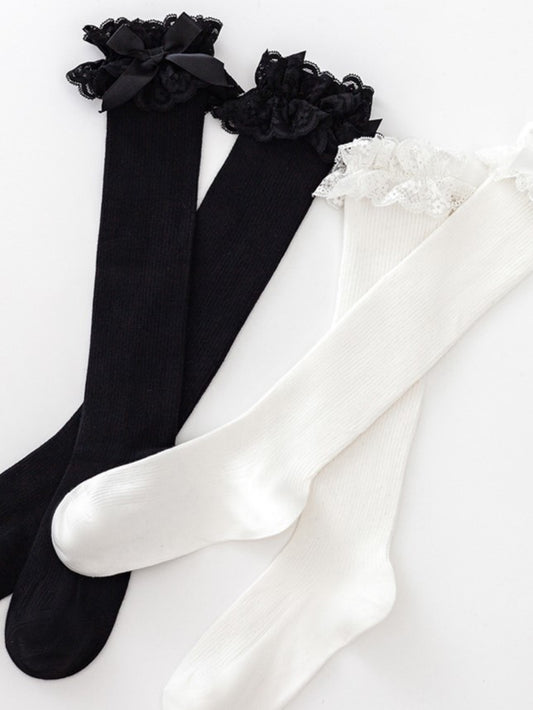 Black/White Lolita Lace Cuff Bowknot Details Calf Socks