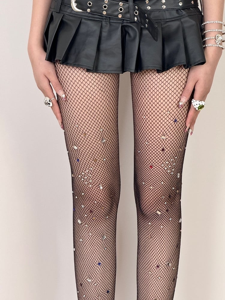 Black/White/Brown/Red Y2K Rhinestone Decorated Fishnet Design Tights