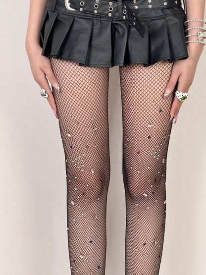 Black/White/Brown/Red Y2K Rhinestone Decorated Fishnet Design Tights