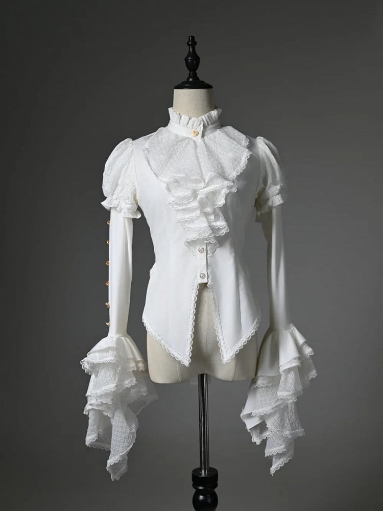 White Jabot Ruffled High Neck High-low Hem Long Sleeves Shirt