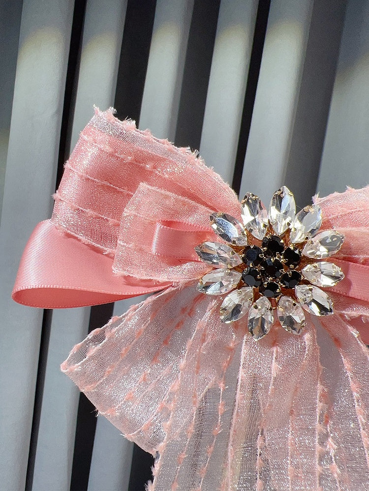 Black/Pink Preppy Style Rhinestone Decorated Bow Tie/Brooch