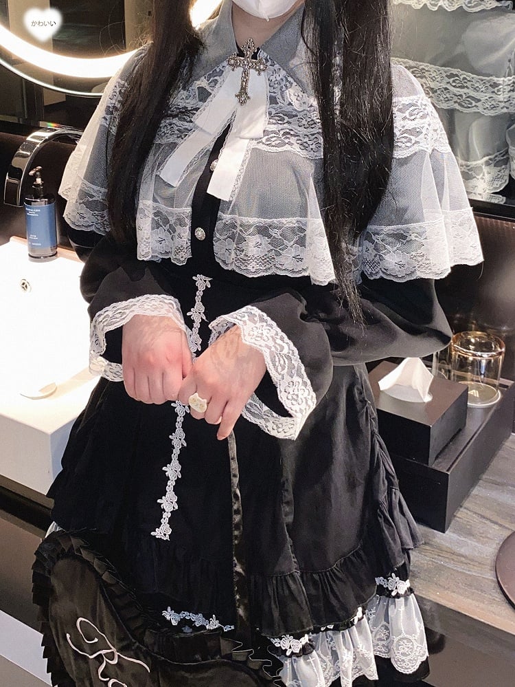 Jirai Kei White/Black/Pink Rose Cross Embroidery Landmine Style High Waist Lace Hem Skirt