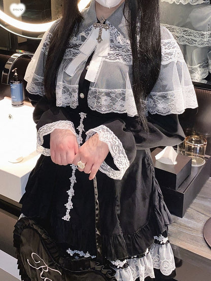 Jirai Kei White/Black/Pink Rose Cross Embroidery Landmine Style High Waist Lace Hem Skirt